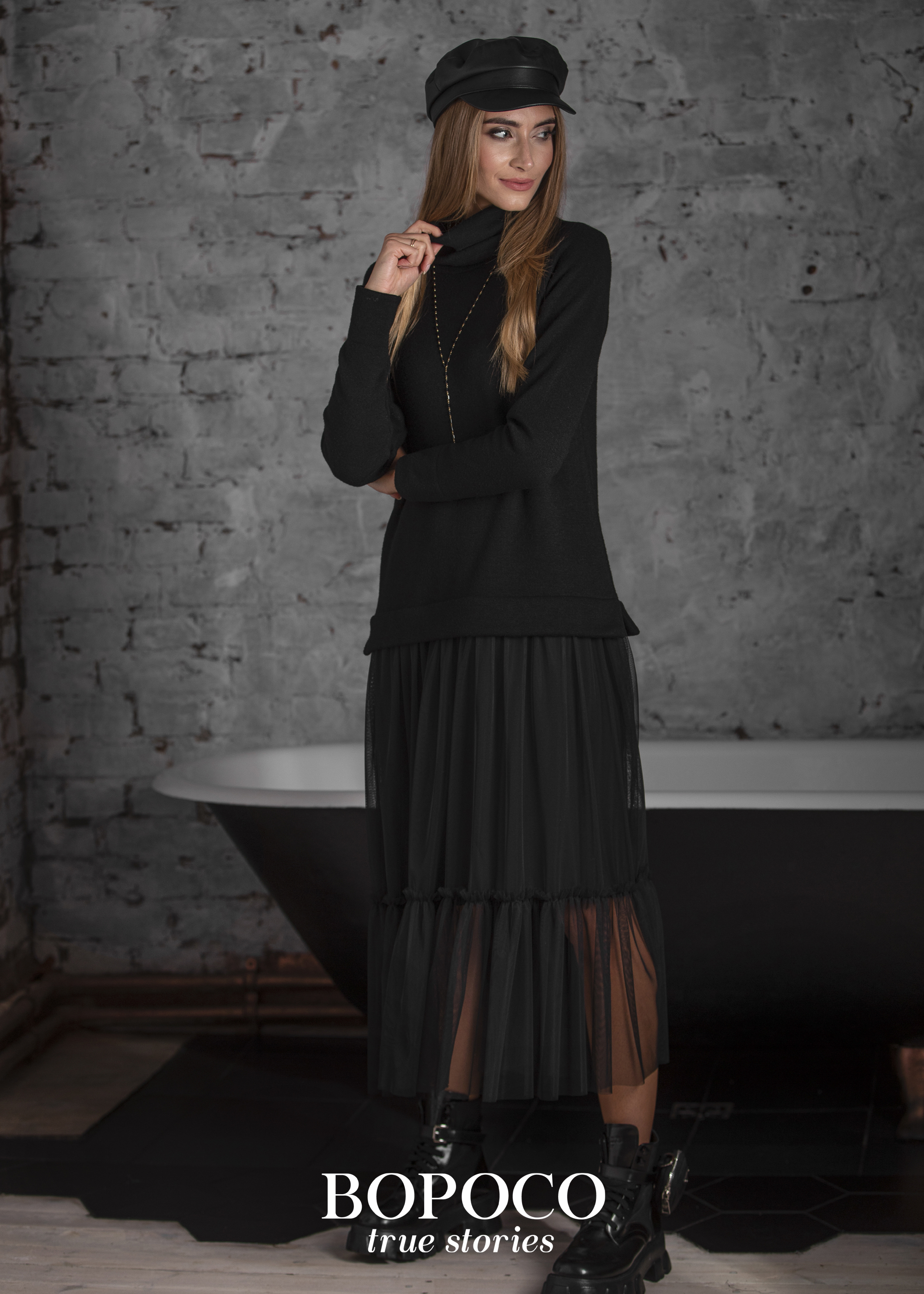 Dámske rolákové pletené šaty s tylovou sukňou - BOPOCO čierna