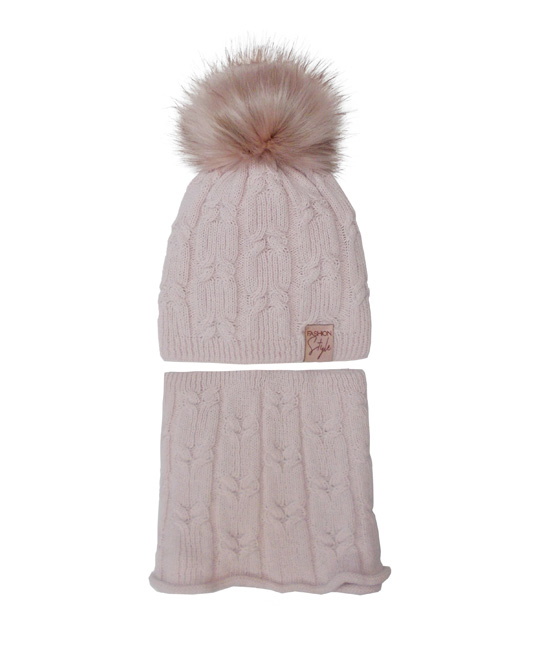 Pletený set - čiapka Fashion Style s brmbolcom a tunel 42-460 ružová