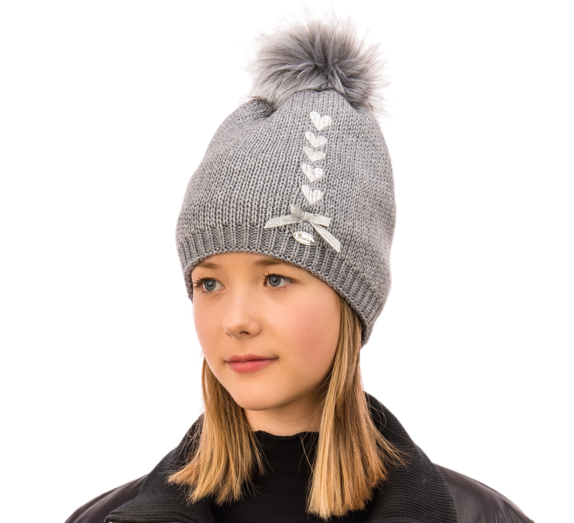 Dievčenská čiapka so srdiečkami NR 156 D MZ-3493 sivá