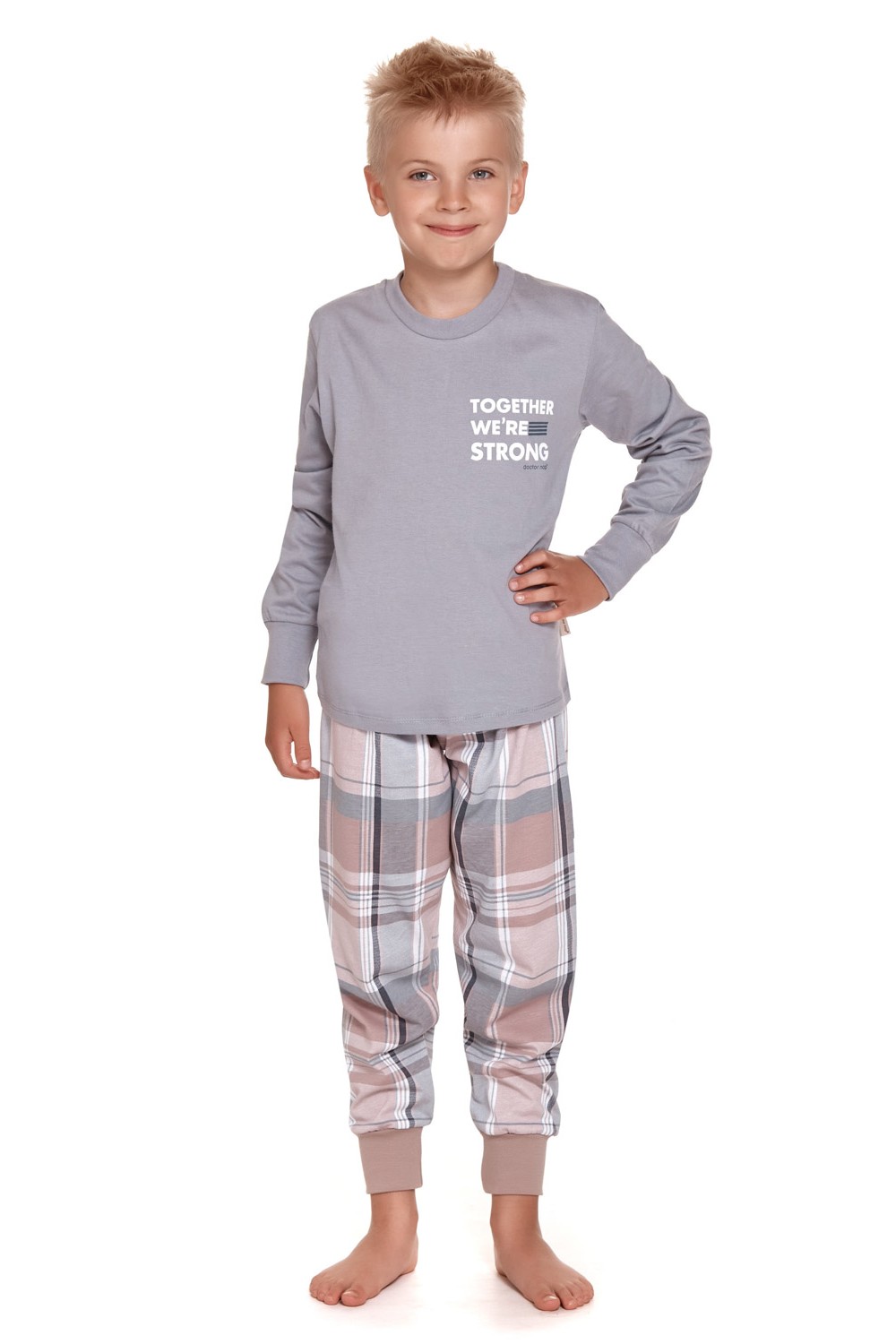 Detské kockované pyžamo Doctor nap 4311 Together we´re strong - sivá