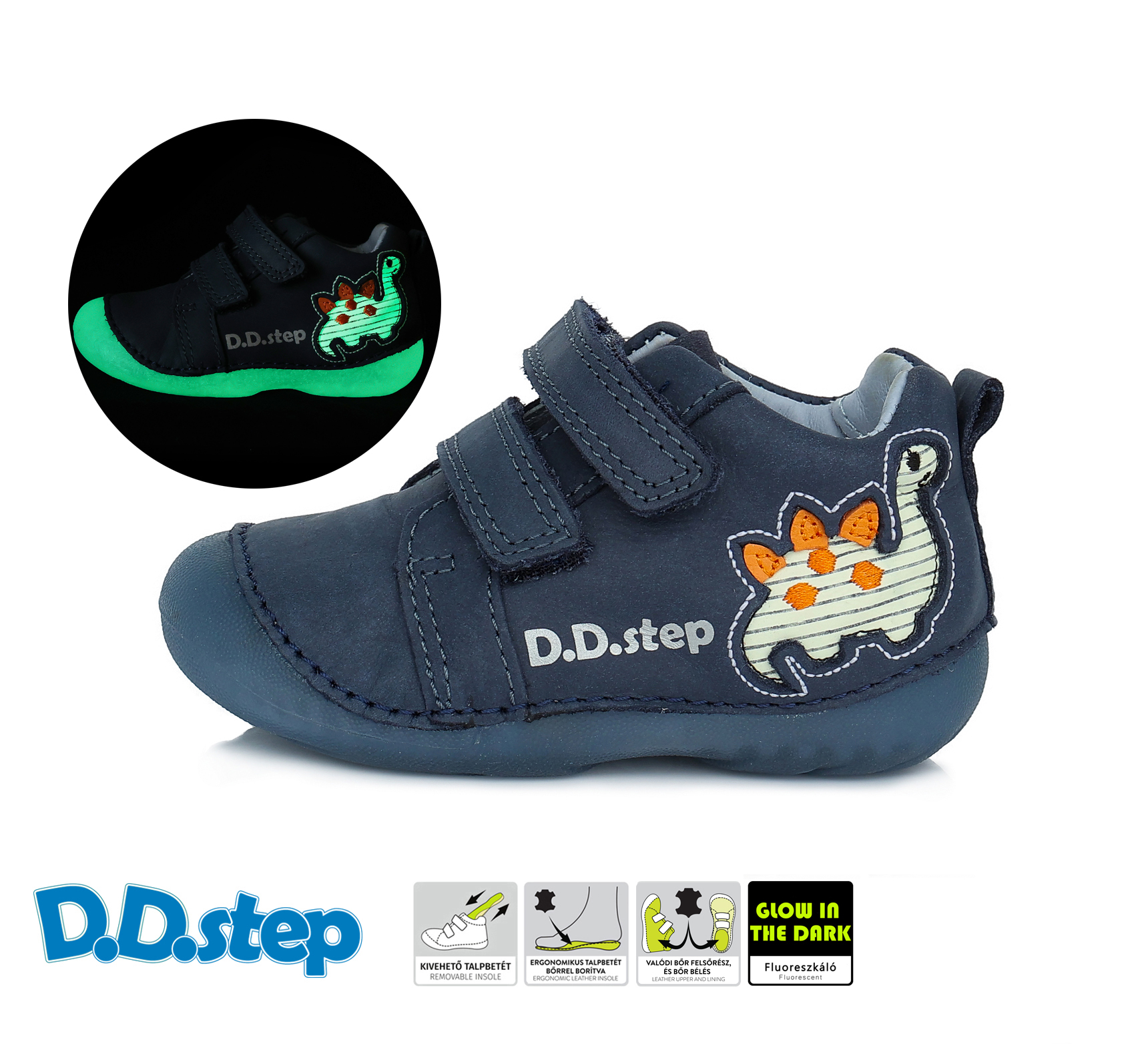 Prechodné SVIETIACE topánky DINO blue kožené ortopedické D.D.Step