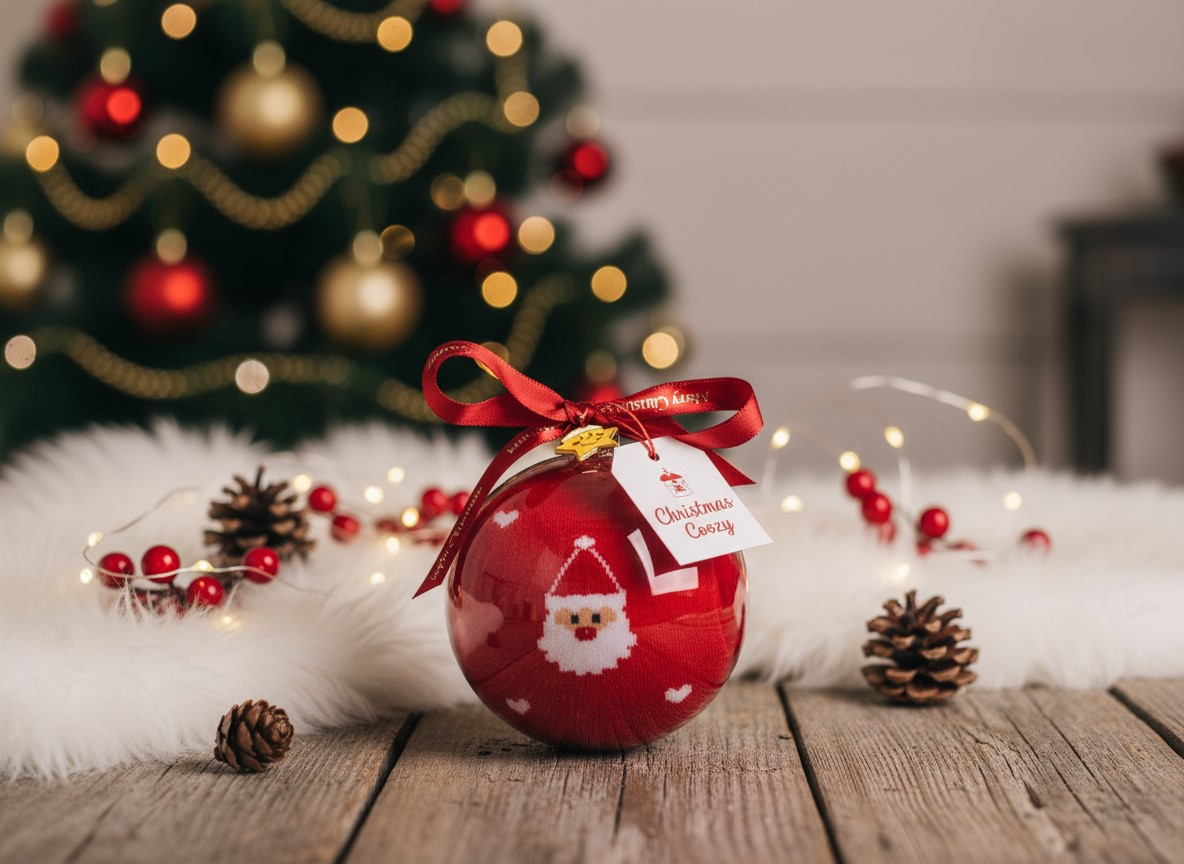 Vianočné ponožky SANTA v darčekovej guli  s príveskom - červená