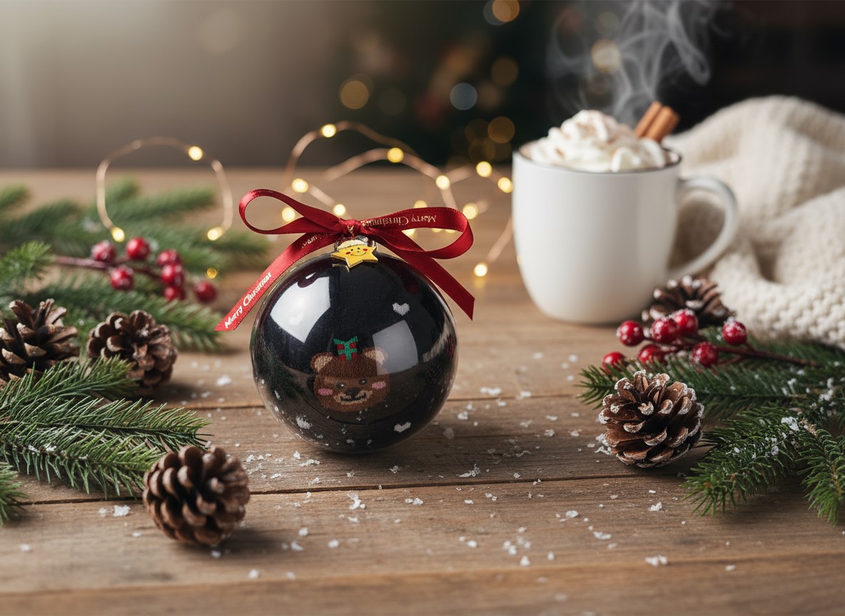 Vianočné ponožky MEDVEĎ v darčekovej guli  s príveskom - čierna