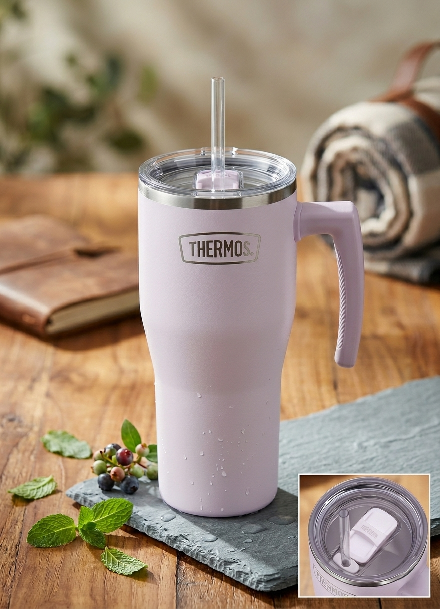 Thermos Refreshing - termohrnček s madlom a slamkou - matná levanduľová-ihneď