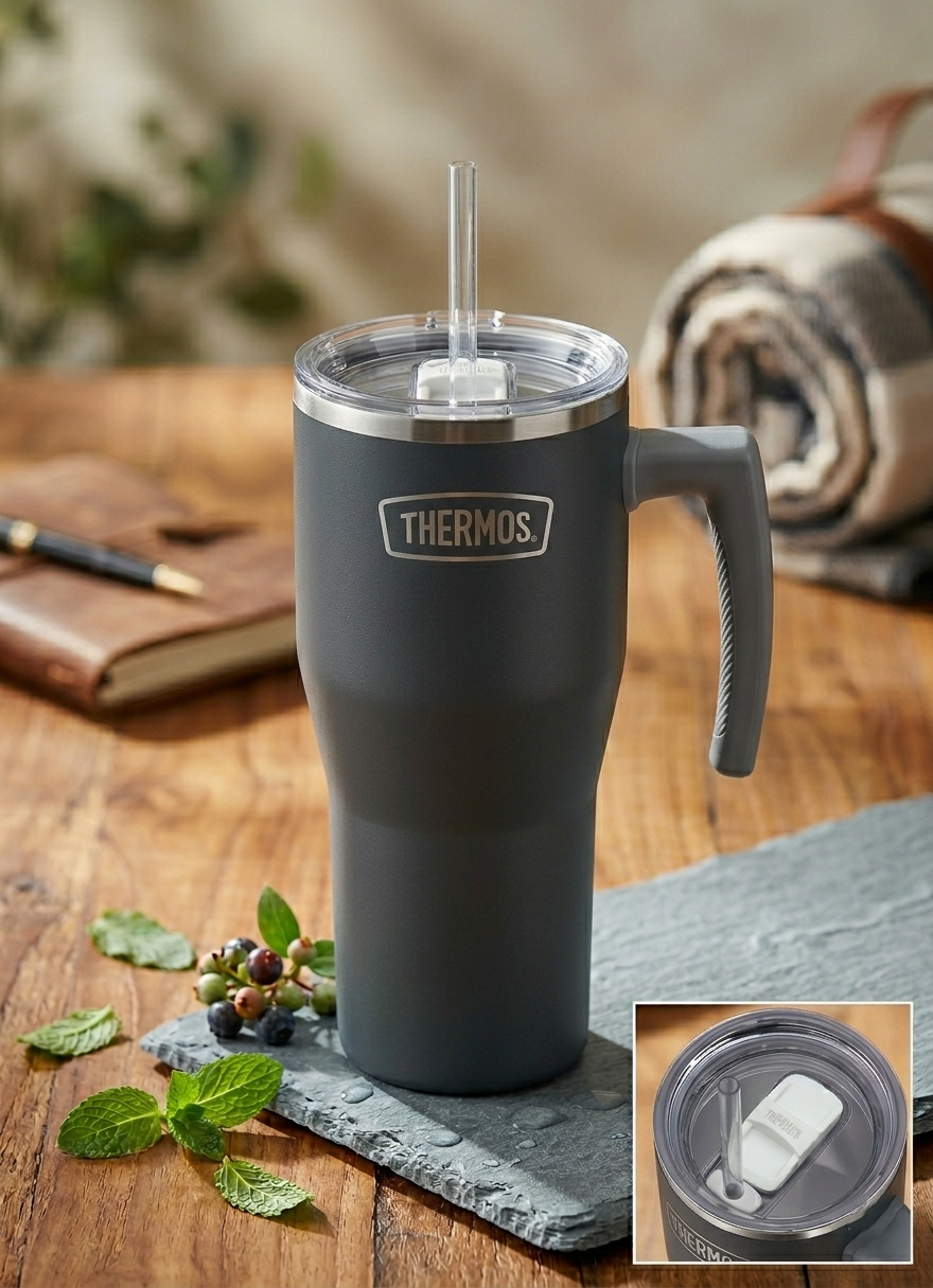 Thermos Refreshing - termohrnček s madlom a slamkou - matná čierna-v ext. sklade