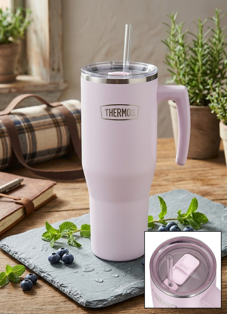 Thermos Refreshing - termohrnček s madlom a slamkou - matná levanduľová-ihneď