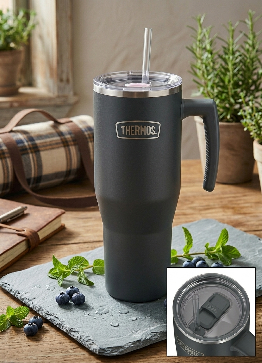 Thermos Refreshing - termohrnček s madlom a slamkou - matná čierna-ihneď
