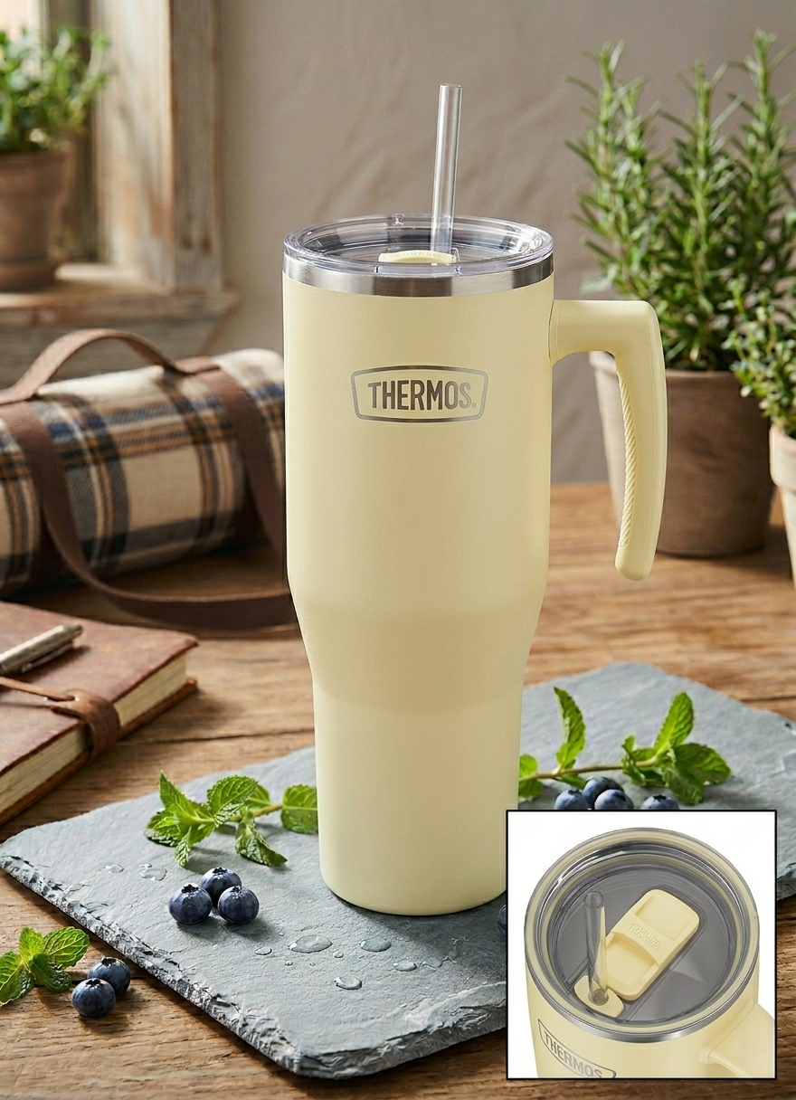 Thermos Refreshing - termohrnček s madlom a slamkou - matná vanilková-ihneď